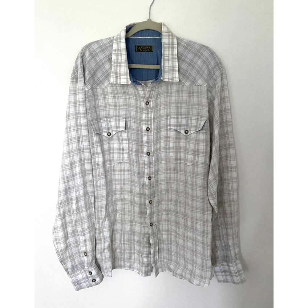 J L Powell Plaid Linen Shirt Long Sleeve Snap Buttons Lightweight (No Sz Tag)